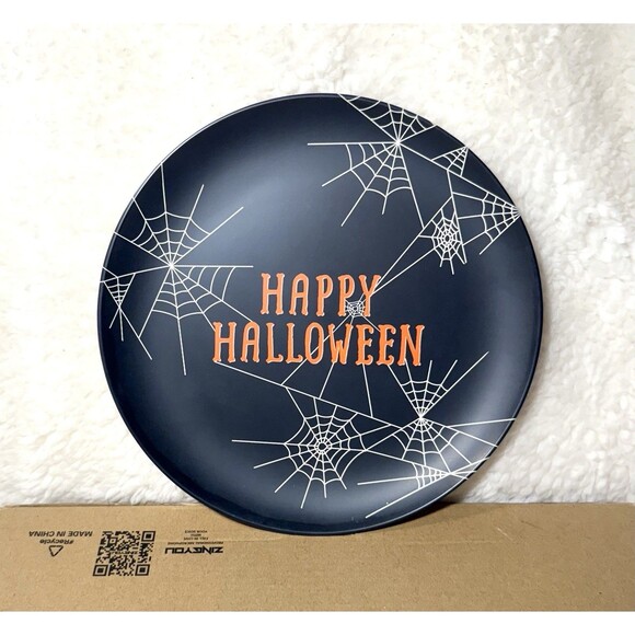 Hyde & Eek Happy Halloween Melamine Dinner Plates Spooky Spiderwebs - Set of 4 - Picture 6 of 7